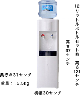 奥行き31センチ 重量：15.5kg 高さ97センチ 横幅30センチ 12リットルボトルセット時 高さ121センチ